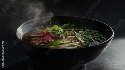 A steaming bowl of pho with beef, noodles, and herbs. Featuring comfort and authenticity