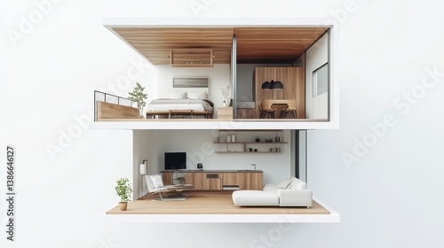 Modern Minimalist Apartment Interior Two Level Cross Section View