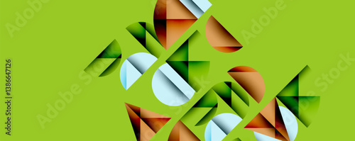 Abstract shapes, green background. Circular segments, triangles, overlapping forms. Modern design, vibrant colors, digital art. Minimalist aesthetic, clean lines.