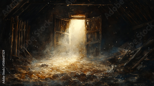 A symbolic scene of contrast: darkness and filth in the pigsty up close, with a warm light from a distant home piercing through the gloom, visual storytelling of redemptionHighly detailed,
