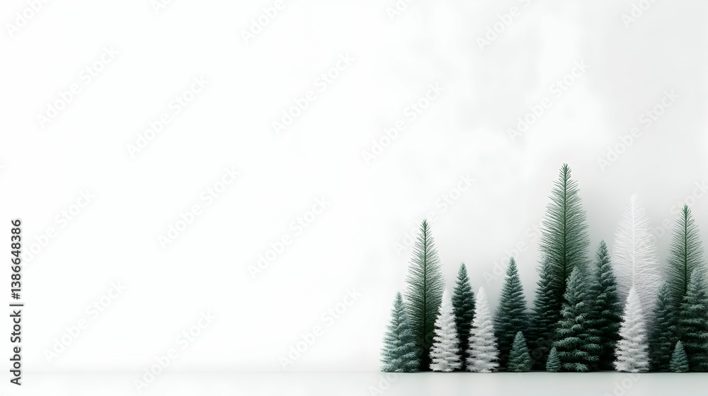 Obraz premium Miniature Green and White Artificial Christmas Trees on White Background