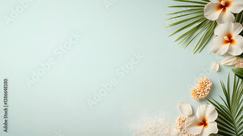 Pastel Floral Border with Tropical Leaves and Flowers on a Blue Background