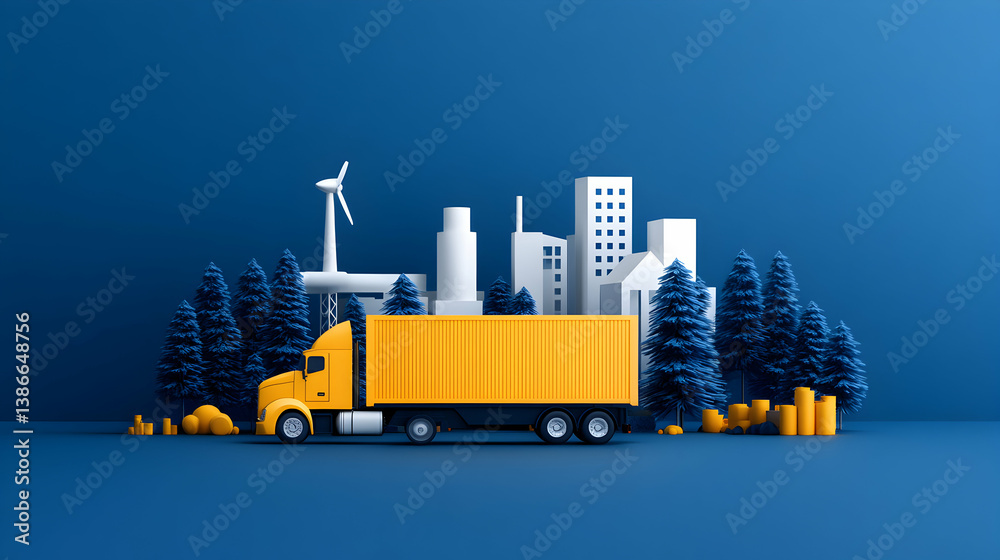 Naklejka premium Yellow Truck Model on Blue Background with Cityscape and Forest