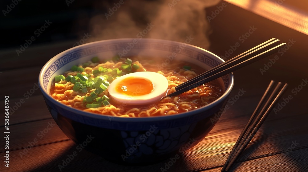 A steaming bowl of ramen with soft-boiled egg, miso broth, and green onions. Featuring warmth and comfort A steaming bowl of ramen with soft-boiled egg, miso broth, and green onions. Featuring warmth and comfort