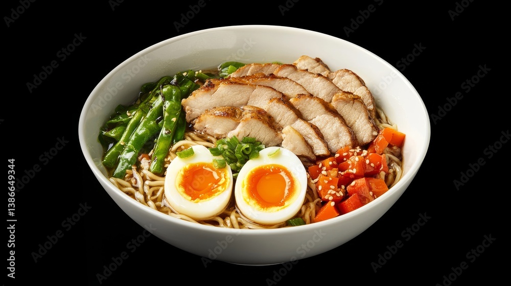 A steaming bowl of ramen with soft-boiled egg, sliced pork, and vegetables. Featuring comforting Asian cuisine A steaming bowl of ramen with soft-boiled egg, sliced pork, and vegetables. Featuring comforting Asian cuisine