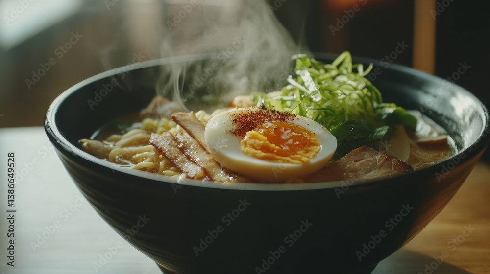 A steaming bowl of ramen with soft-boiled egg, sliced pork, and vegetables. Featuring comforting Asian cuisine
