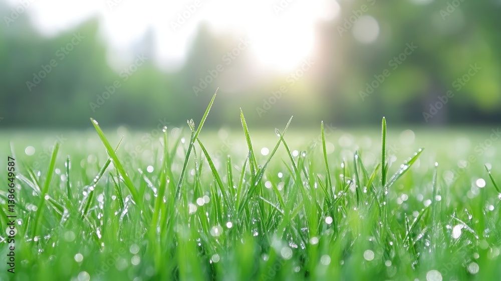 Obraz premium Dew-covered grass blades fill the foreground. The background is a softly blurred green landscape, bathed in sunlight. The image is high-quality, with a shallow depth of field. The style is naturali