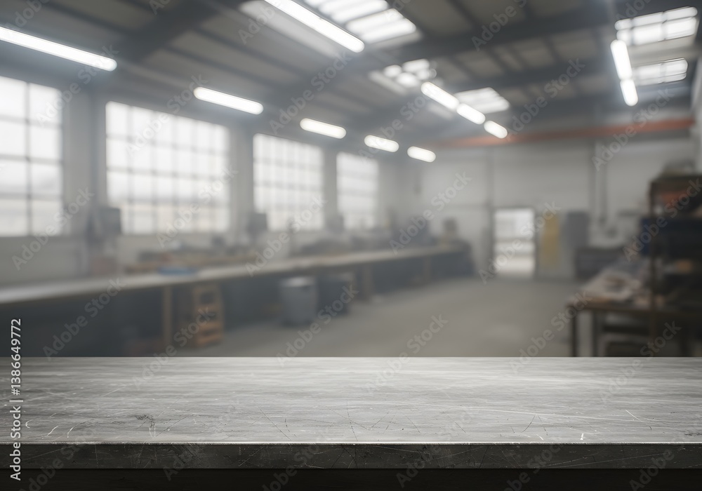 bright windows, blurred background of factory and empty steel tabletop in foreground. foggy atmosphere,concrete floor, empty workbench, blurred background, Business presentation, Industrial workspace,