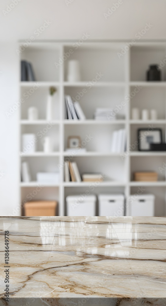 Fototapeta premium blurred background, white bookshelves, living room interior, Marble counter with copy space for your product in blurred living room background, Marble wooden tabletop,