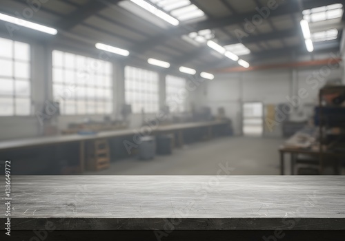 bright windows, blurred background of factory and empty steel tabletop in foreground. foggy atmosphere,concrete floor, empty workbench, blurred background, Business presentation, Industrial workspace,