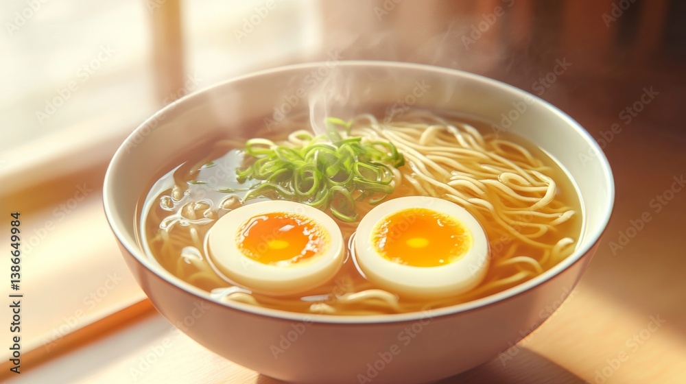 A steaming bowl of ramen with soft-boiled eggs, broth, and noodles. Featuring Japanese comfort food A steaming bowl of ramen with soft-boiled eggs, broth, and noodles. Featuring Japanese comfort food