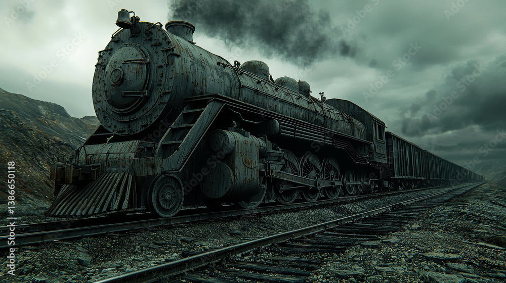 Obraz premium Vintage Steam Locomotive on Abandoned Railway Tracks Under Dramatic Stormy Sky
