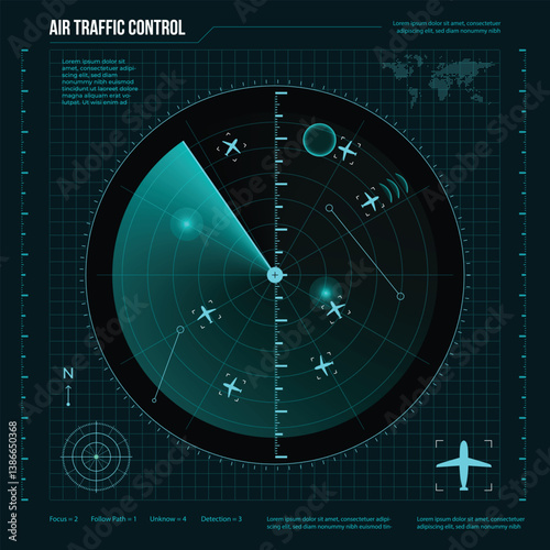 Radar air traffic control. Aircraft radar target screen. vector illustration