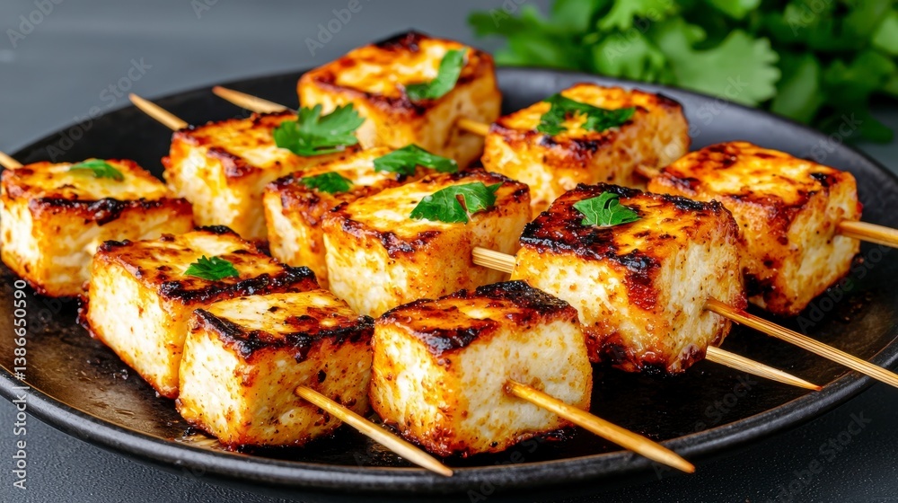 Grilled Paneer Skewers with Cilantro Garnish Grilled Paneer Skewers with Cilantro Garnish