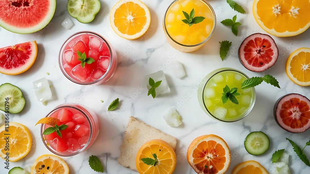 Refreshing Summer Citrus & Watermelon Iced Drinks Flatlay Refreshing Summer Citrus & Watermelon Iced Drinks Flatlay