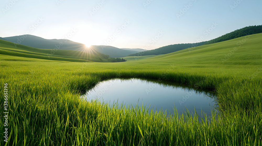Obraz premium Sunrise Over Lush Green Field with Pond