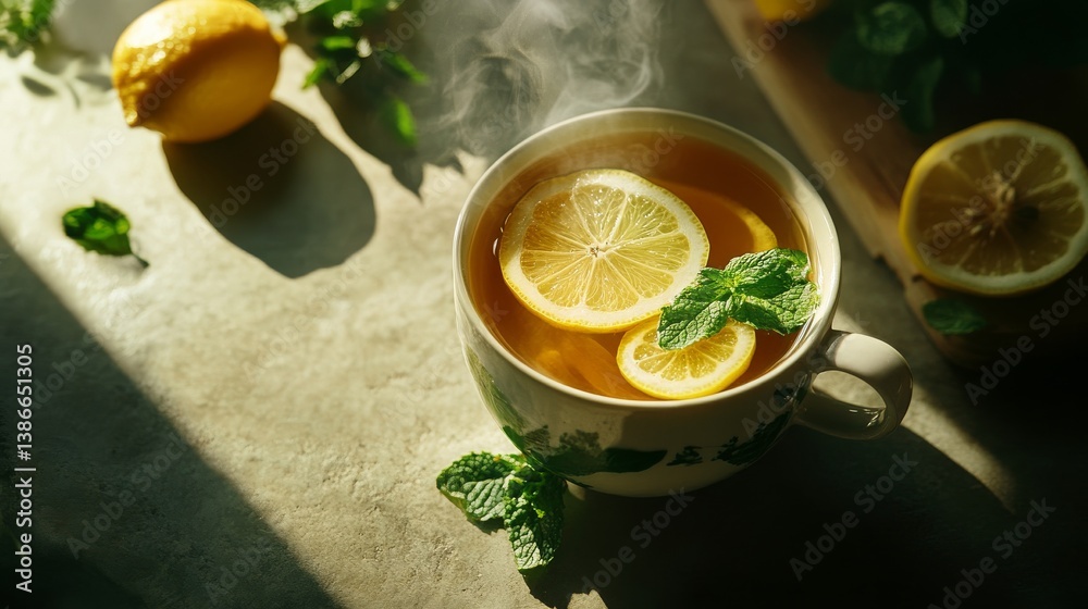 A steaming cup of herbal tea with lemon slices and mint. Featuring relaxation and freshness A steaming cup of herbal tea with lemon slices and mint. Featuring relaxation and freshness