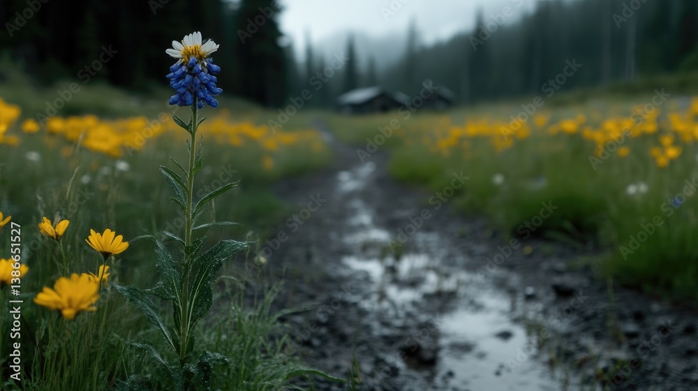 Obraz premium Wildflower meadow path after rain