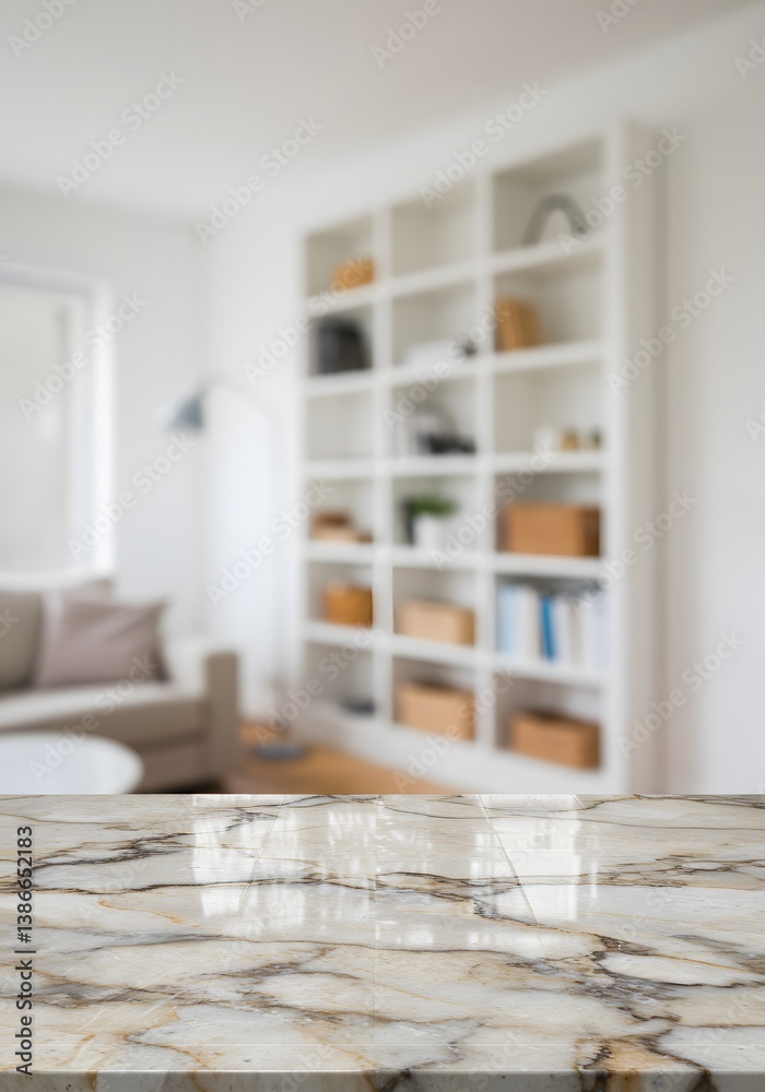 Marble counter with copy space for your product in blurred living room background, living room interior, Marble wooden tabletop, blurred background, white bookshelves,