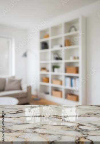 Obraz na płótnie Marble counter with copy space for your product in blurred living room background, living room interior, Marble wooden tabletop, blurred background, white bookshelves, w salonie