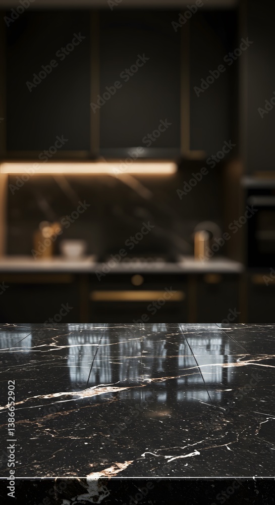 Dark marble , luxury kitchen, Empty black marble table top on blurred kitchen background for product display, countertop,