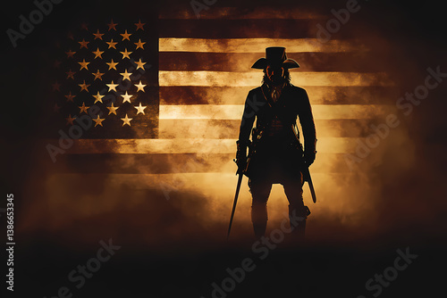 Wallpaper Mural American Patriot Silhouette: A silhouetted figure of a historical persona stands tall against the backdrop of a softly lit, aged American flag, embodying strength, defiance, and the spirit of freedom. Torontodigital.ca