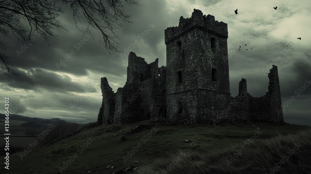Obraz premium Ruined castle on a hill with dark cloudy sky.
