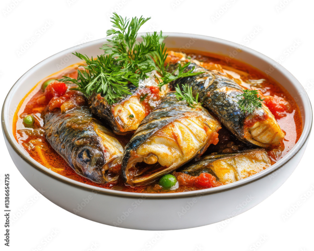 bowl of mackerel and tomato stew with fragrant spices, garnished with fresh herbs, showcasing vibrant and appetizing dish bowl of mackerel and tomato stew with fragrant spices, garnished with fresh herbs, showcasing vibrant and appetizing dish
