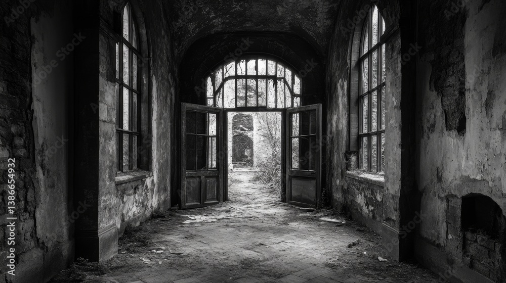 Dark corridor with open door in old building interior. Dark corridor with open door in old building interior.