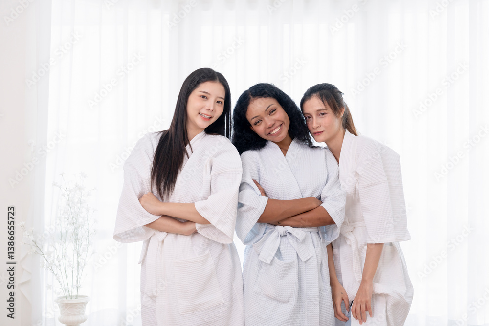 woman beauty concept,portrait cheerful young diverse women wearing white bathrobe in spa room woman beauty concept,portrait cheerful young diverse women wearing white bathrobe in spa room