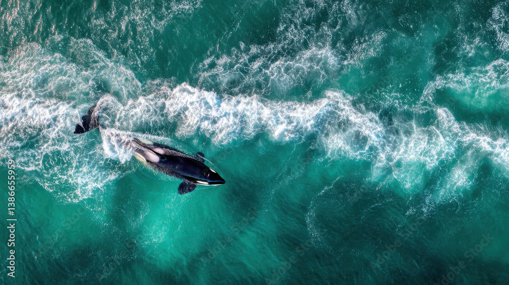 Obraz premium Overhead view of a powerful orca breaking the ocean's surface, surrounded by deep turquoise waves with subtle foam trails, reflecting morning sunlight