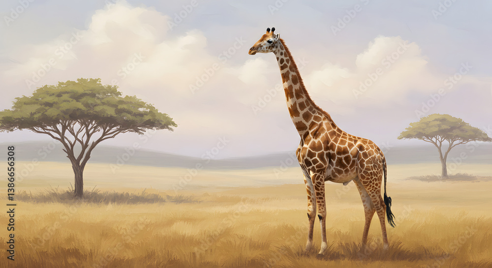 Obraz premium Serene Giraffe in Golden Savanna, Acacia Trees, Hazy Sky
