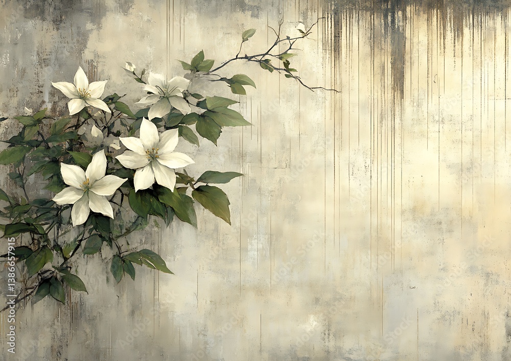Floral art on distressed wall