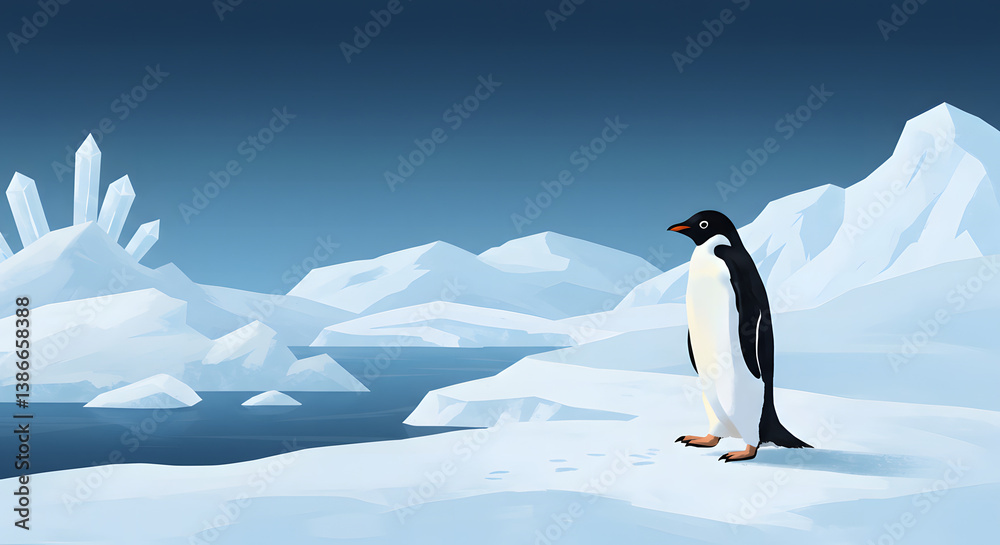 Obraz premium Adélie Penguin on Antarctic Ice Shelf with Crystalline Ice Formations
