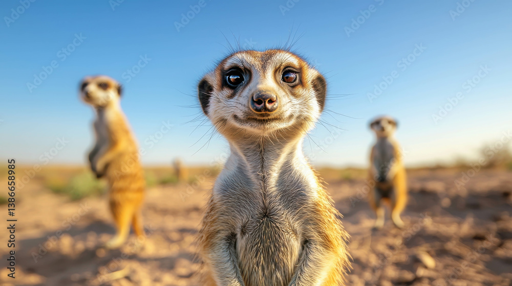 Fototapeta premium Playful Meerkats Standing in a Desert Landscape with Blue Sky and Natural Lighting