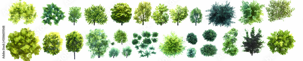 Diverse Verdant Collection: An overhead perspective of a collection of assorted trees and shrubbery, meticulously captured, and creating a tapestry of shapes, hues, and textures. Diverse Verdant Collection: An overhead perspective of a collection of assorted trees and shrubbery, meticulously captured, and creating a tapestry of shapes, hues, and textures.