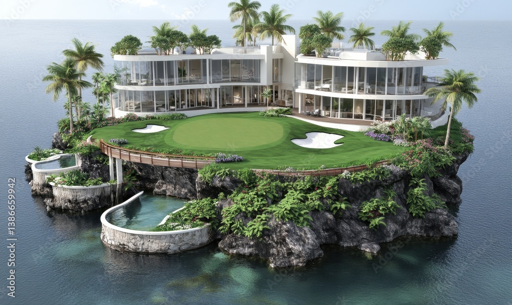 Fototapeta premium Luxury island mansion with golf course, ocean view, tropical setting; real estate advertisement