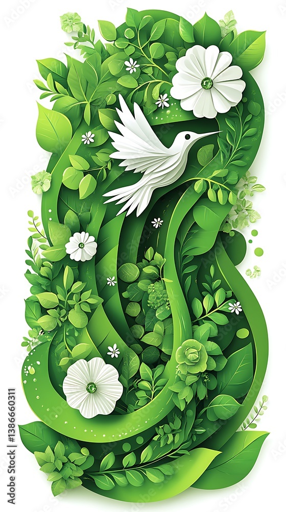 Floral Bird in Green Abstract Design