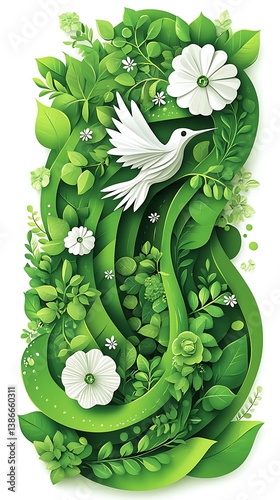 Floral Bird in Green Abstract Design
