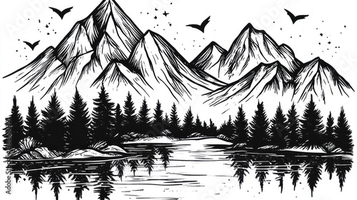 Mountain, forest, lake, night landscape sketch