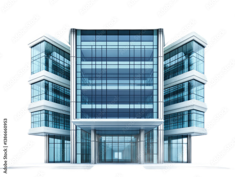 International style office building with rectilinear form, curtain wall, and pilotis support columns, isolated on white background International style office building with rectilinear form, curtain wall, and pilotis support columns, isolated on white background