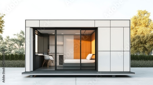 Modern Minimalist Tiny House Exterior with Glass Walls and Interior View