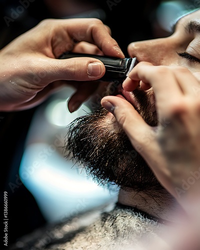 Man is getting his beard trimmed by a barber