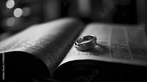Wedding Rings on an Open Book: A close-up, monochromatic image showcases a pair of intertwined wedding rings resting on the pages of an open book, evoking themes of love, commitment.