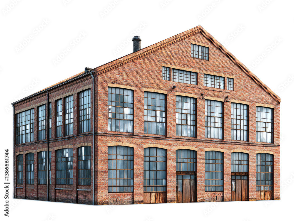 Fototapeta premium Factory building conversion with sawtooth roof, clerestory windows, and industrial character, isolated on white background