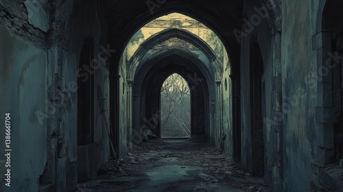 Arched hallway with light at the end of the tunnel.