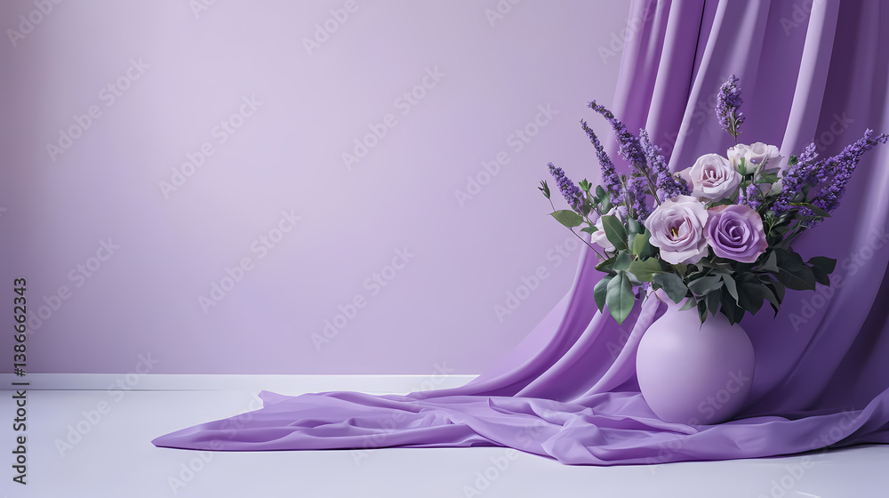 Obraz premium Floral Arrangement: A serene floral arrangement of soft purple and white roses and lavenders in a matching vase is set against a draped backdrop in shades of purple.