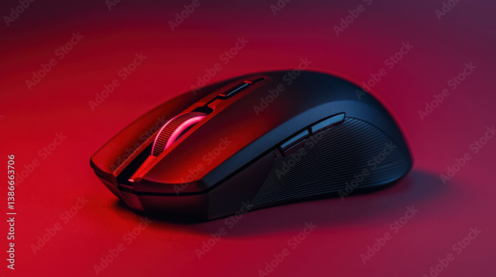Sleek Gaming Mouse with Colorful LED Lighting Against a Dramatic Red Background Sleek Gaming Mouse with Colorful LED Lighting Against a Dramatic Red Background