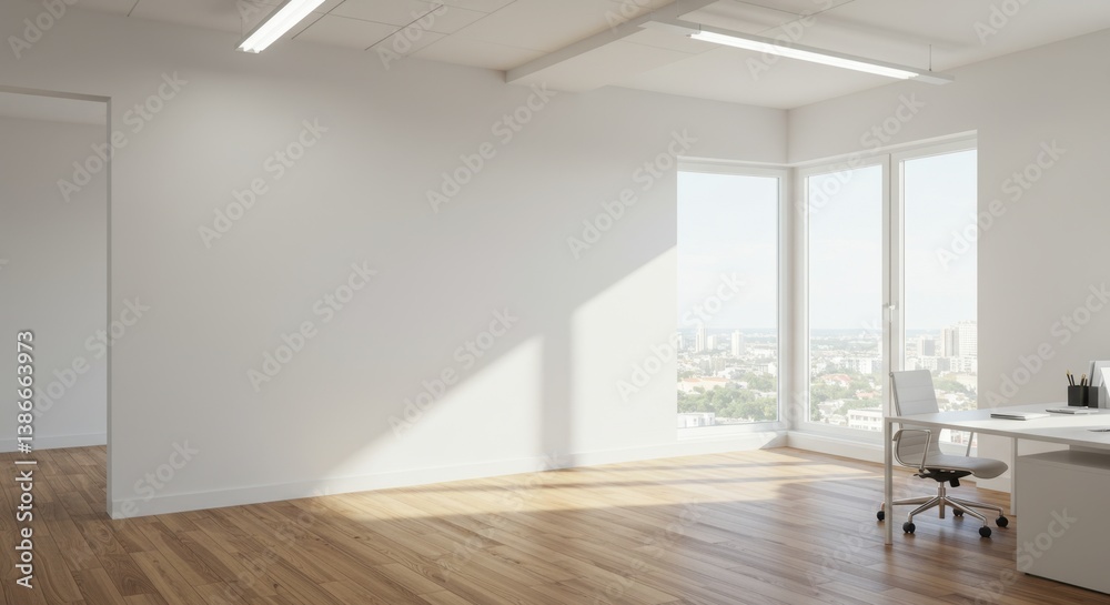Obraz premium Spacious White Office Corner with Mock-Up Wall and Wooden Flooring