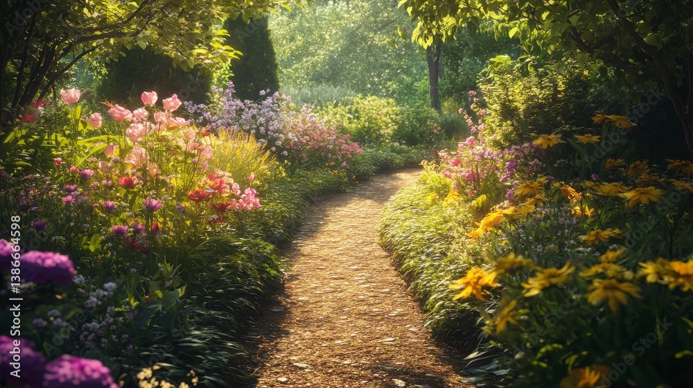 Naklejka premium Path through a garden with flowers and green foliage.